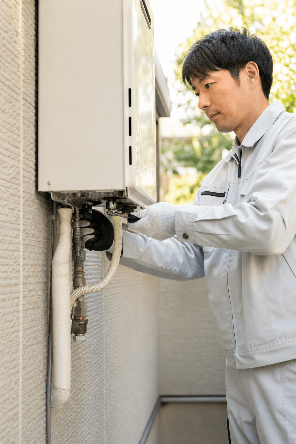 給湯器の取替作業に取り組む職人