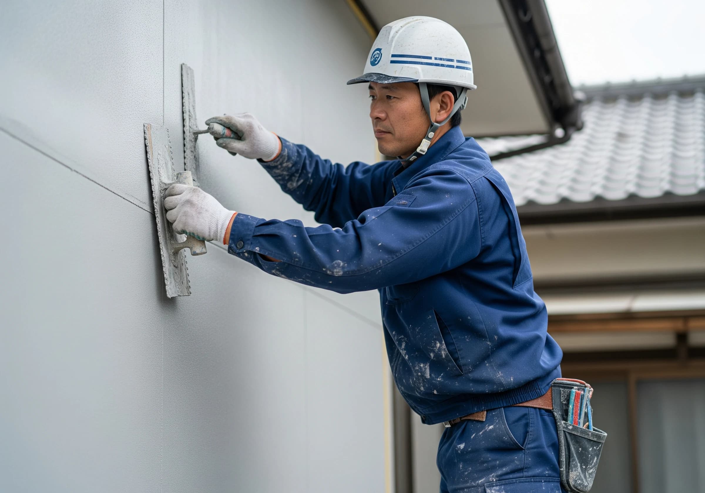 住宅の外壁を施工する職人